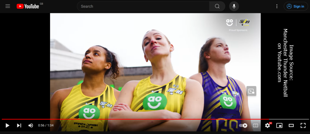 A screenshot of a Youtube video showing three members of the Manchester Thunder Netball team.