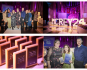 The image shows a collage of 4 photos taken from the Early Years Celebration Event that was held in February 2024; clockwise from top-left: practitioners posing for a group photo; a stylised lettering that says "MCR EY 2024"; some of the best practitioners that were recognised at the event; the plaques that were awarded at the event.