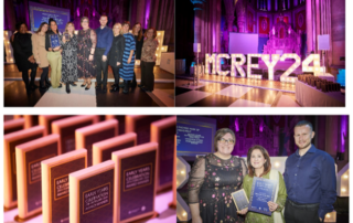 The image shows a collage of 4 photos taken from the Early Years Celebration Event that was held in February 2024; clockwise from top-left: practitioners posing for a group photo; a stylised lettering that says "MCR EY 2024"; some of the best practitioners that were recognised at the event; the plaques that were awarded at the event.