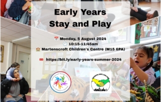 The photo shows a collage of pics from our Early Years Stay and Play session in Easter on the background + details of the summer session on the foreground.