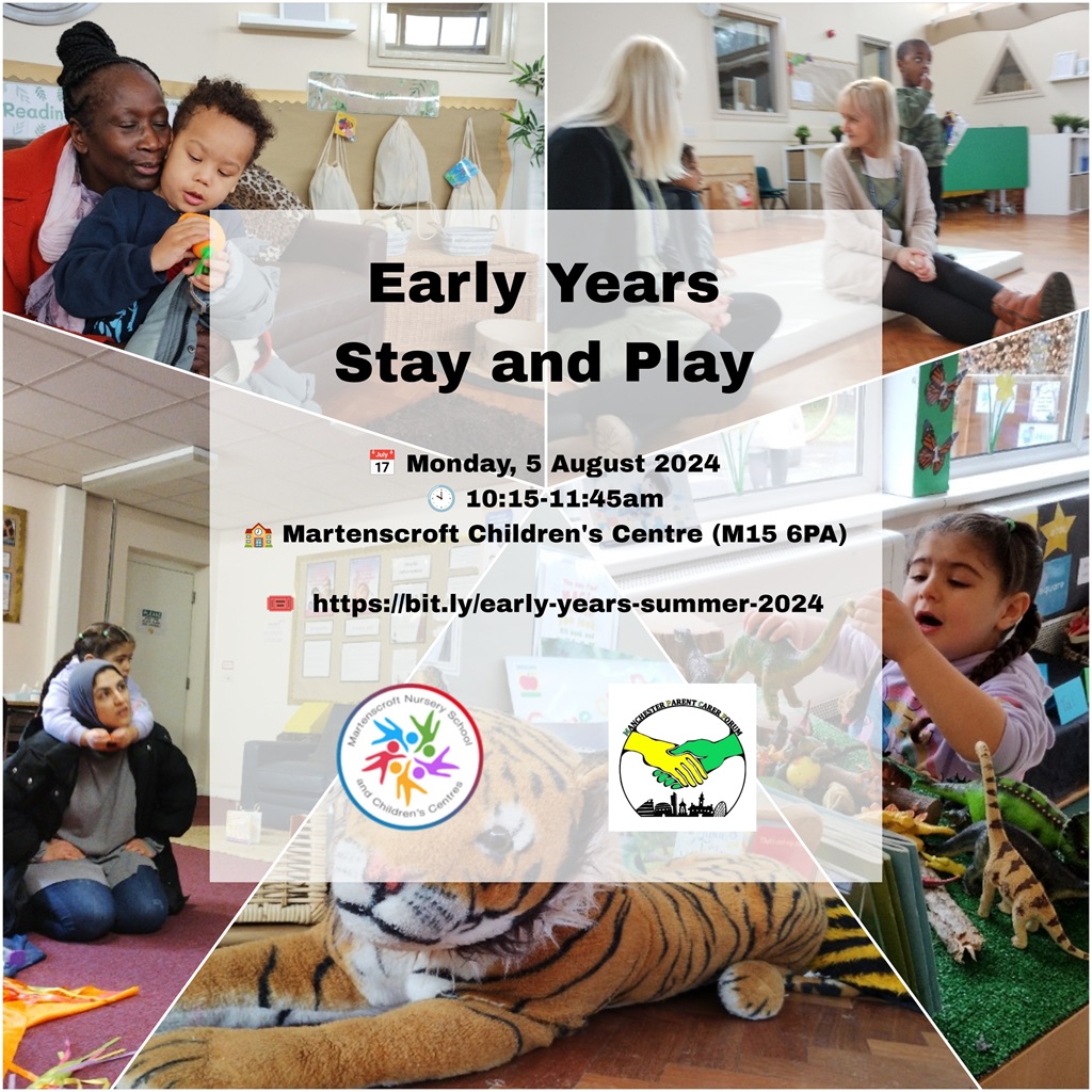 The photo shows a collage of pics from our Early Years Stay and Play session in Easter on the background + details of the summer session on the foreground.