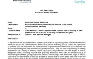 The photo shows a screenshot of the official job description for the Assistant Autism Navigator role in MFT.