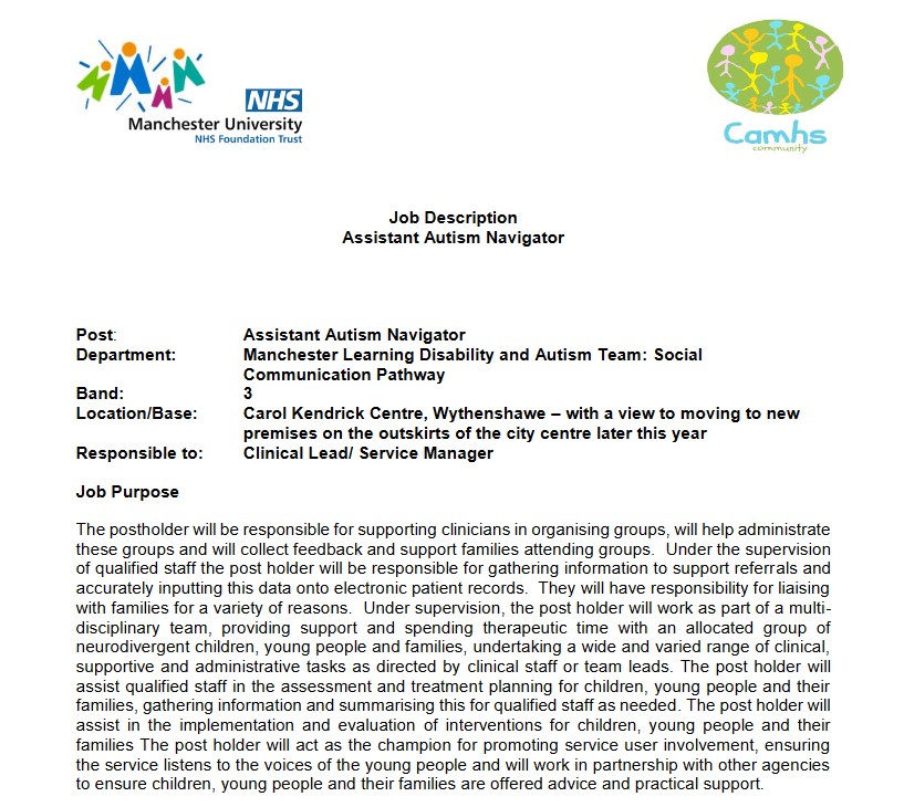 The photo shows a screenshot of the official job description for the Assistant Autism Navigator role in MFT.