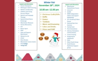 Poster for Melland High School's "Parents/Carer Information Day and Winter Fair 2024", showing festive-looking houses and Christmas trees in the background + Melland's and Bright Futures Educational Trust's logos at the top + event details in the foreground