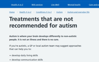This is a screenshot taken from the NHS website on 2025-10-11 showing treatments that are not recommended for autism.