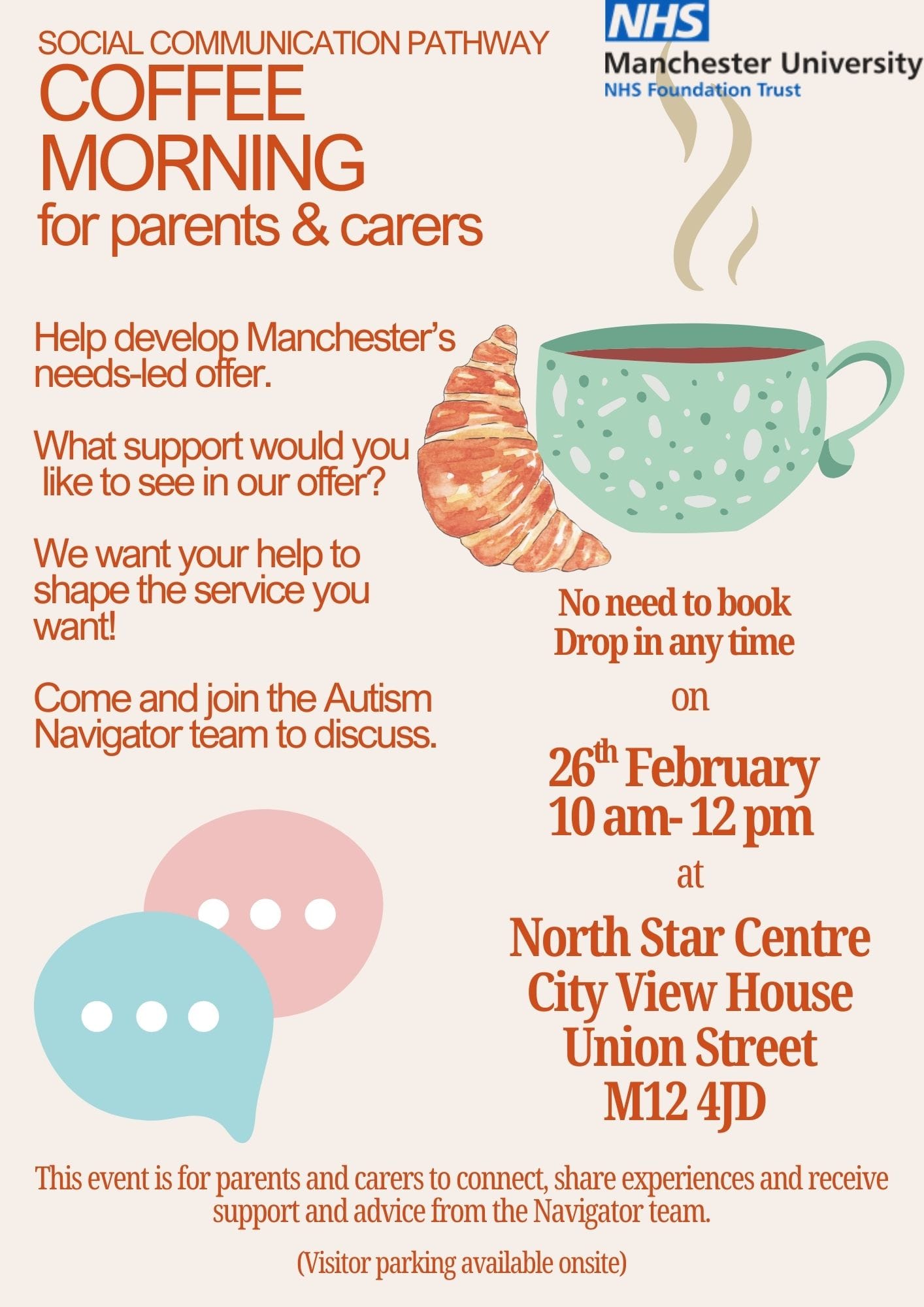 The poster shows illustrations of a hot coffee cup, croissant and speech bubbles, surrounded by details of the coffee morning (date, time, venue, descriptions of the event), as well as the MFT logo at the top.